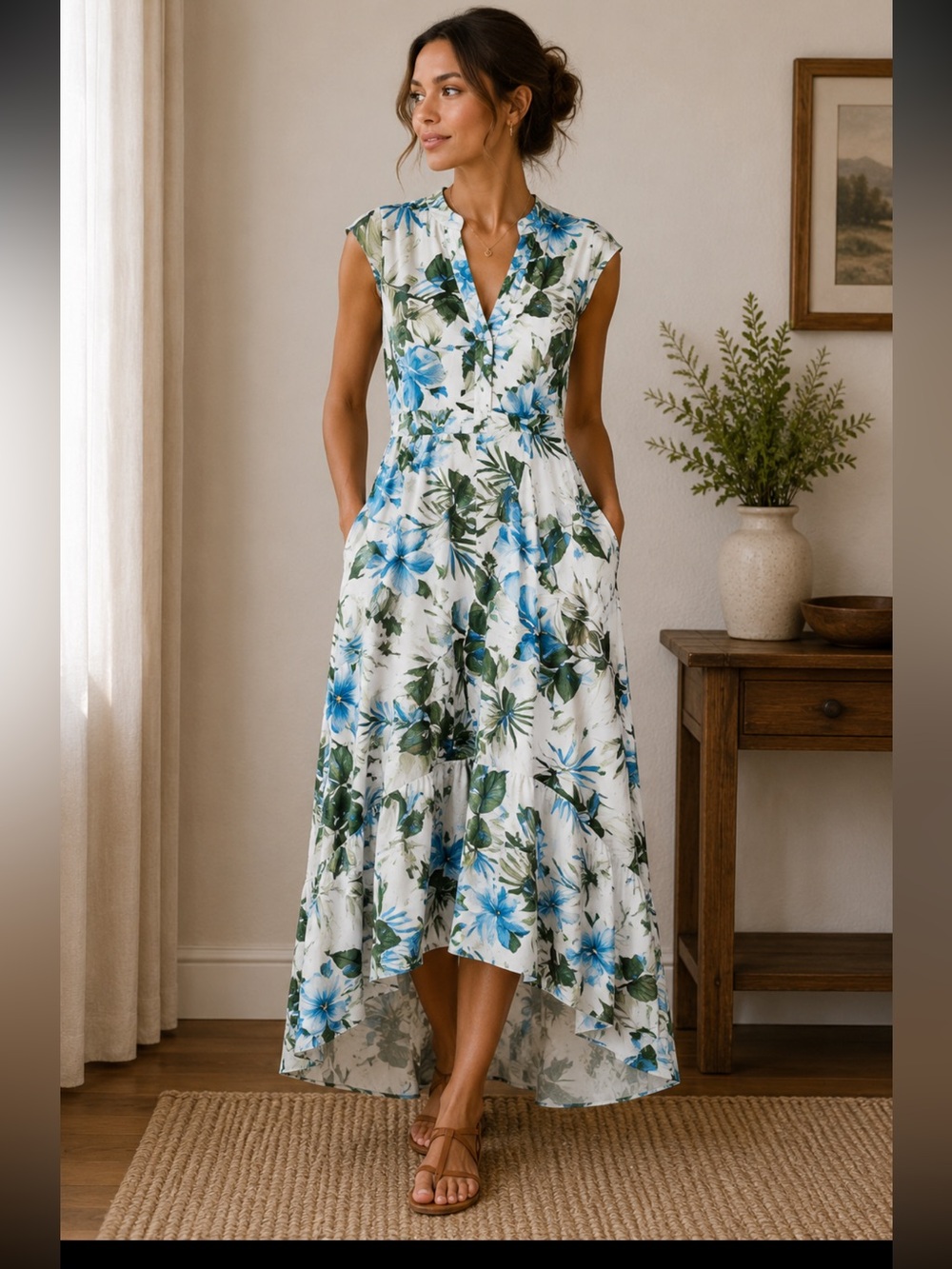 Banana Republic white green and blue raffle high low maxi dress  2new  garden